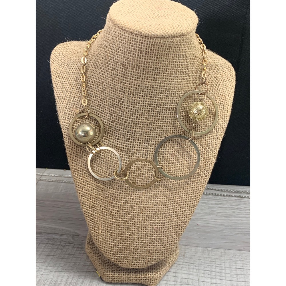 Gold Tone Geometric Circle Bib Statement Necklace 16 Inch Adjustable